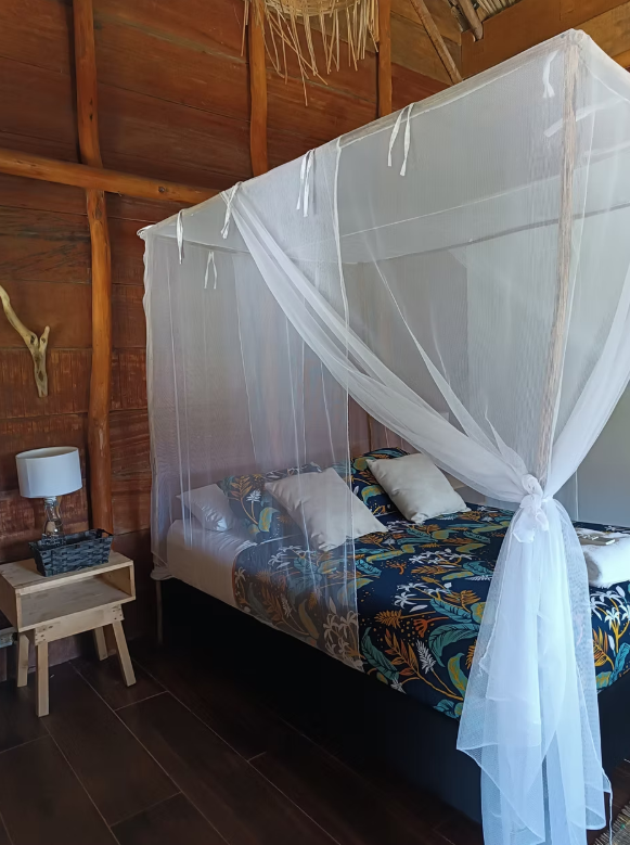 A bedroom with a canopy bed and a nightstand.