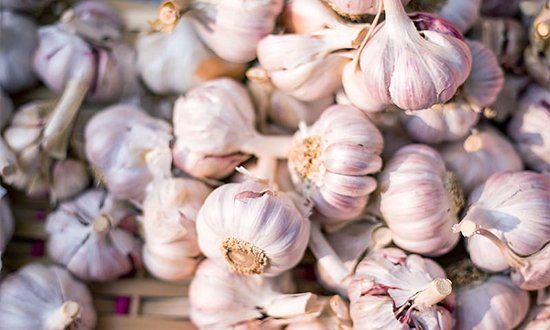 Un manojo de bulbos de ajo colgando de una cuerda.