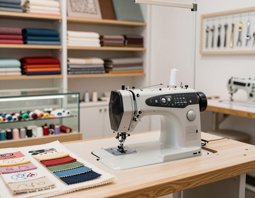 Macchina da cucire professionale esposta in uno showroom specializzato.