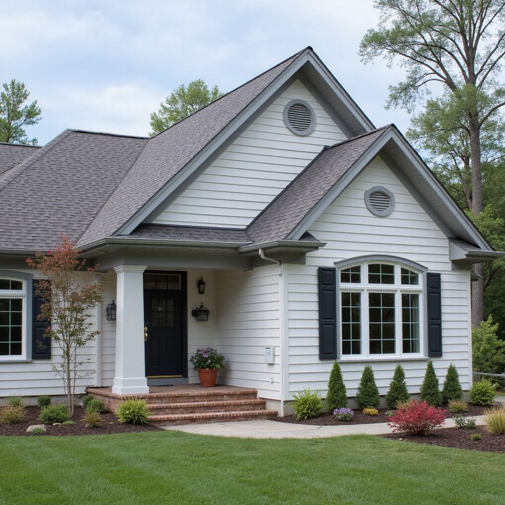 A white house with gray shingled roof, black shutters, and a brick front porch surrounded by a green lawn and landscaping.