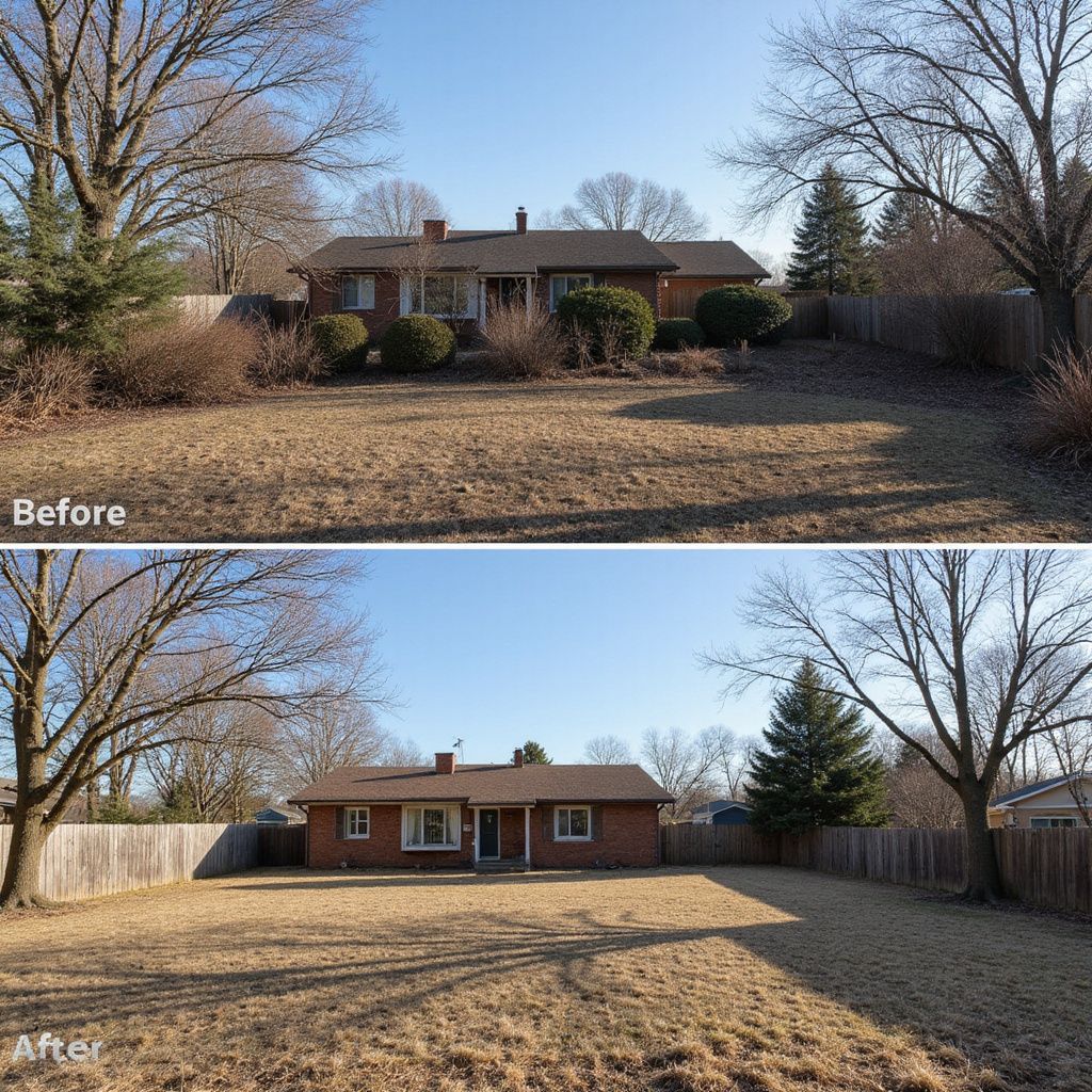 Before and after photos of a brick house with an overgrown yard cleared of brush and bushes to create a clean lawn.