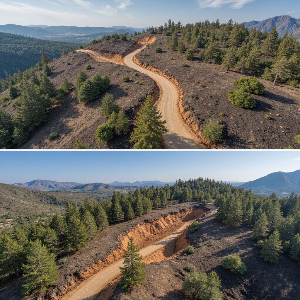 Split image showing an aerial view of a dirt road winding through a dry, hilly forest landscape with mountain vistas.