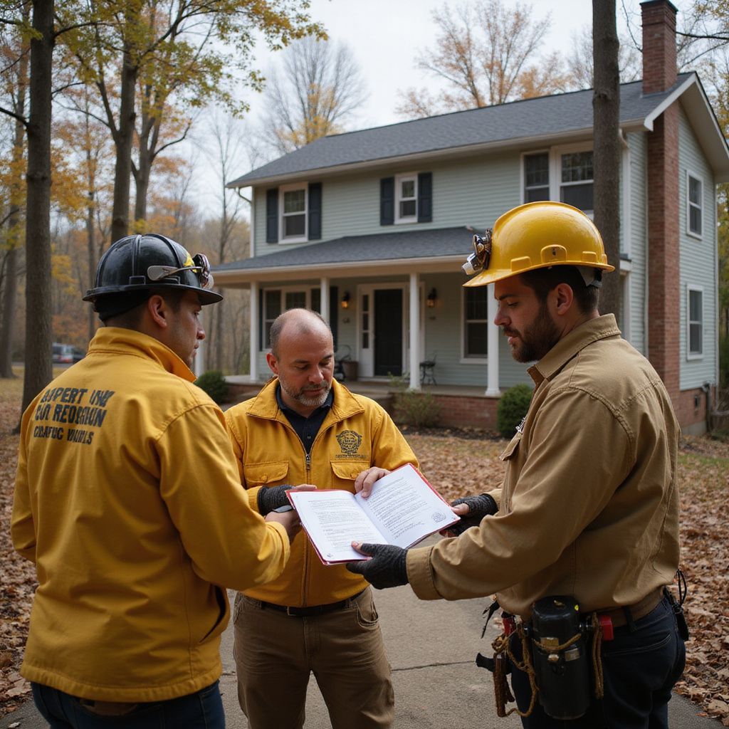 Three individuals in protective work gear consult a document in front of a house in a wooded area.
