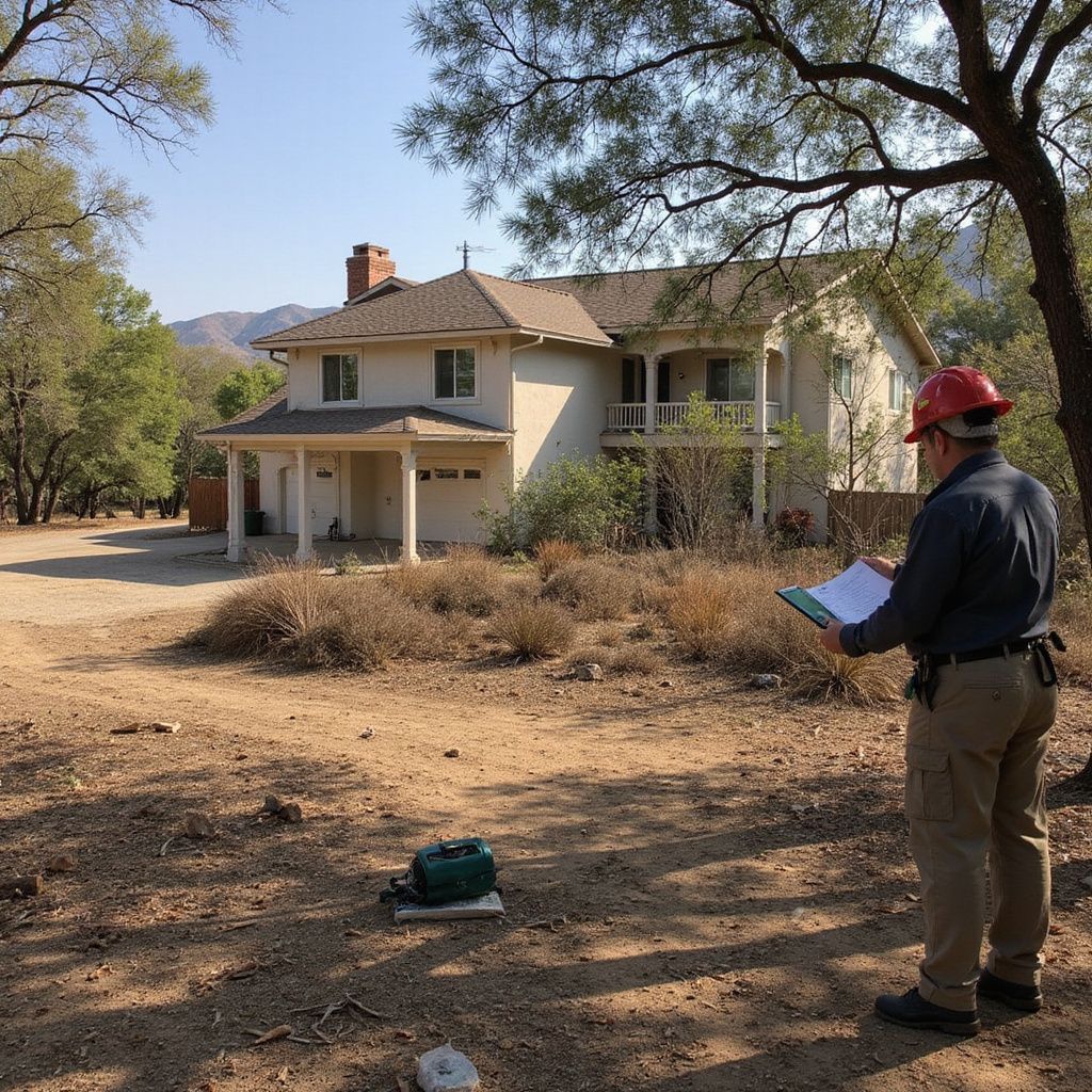 A person in a hard hat and work clothes holds a clipboard while surveying a large, two-story house in a rural setting.