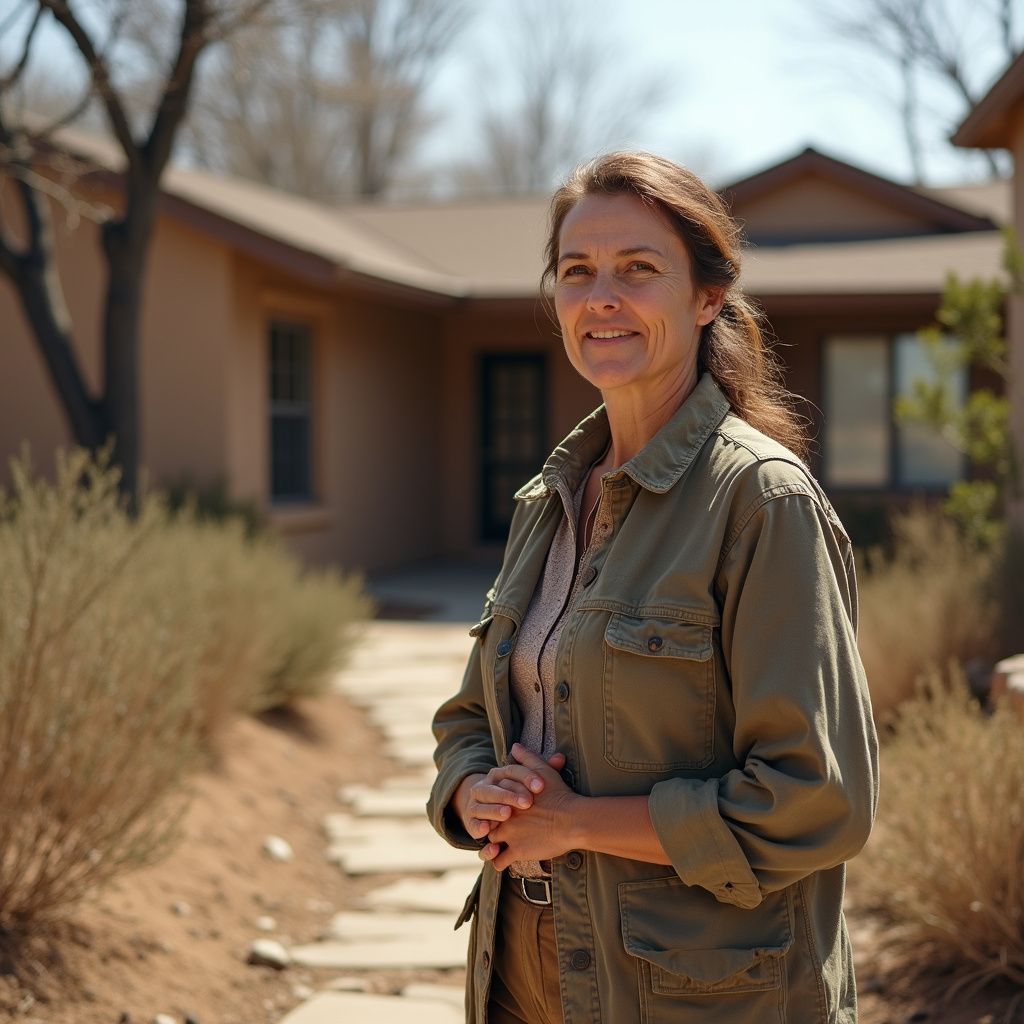 A person in a green jacket stands with hands clasped on a stone path in front of a house on a sunny day.