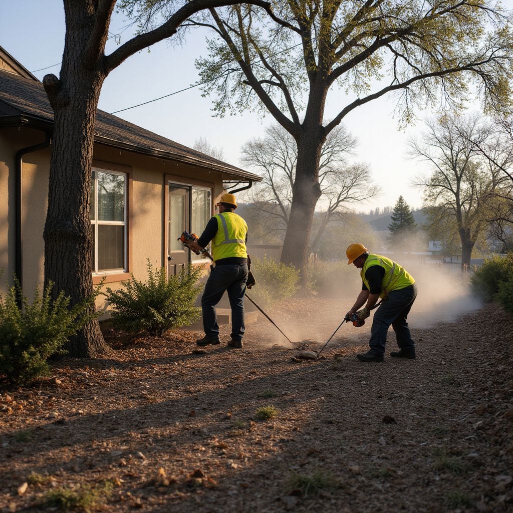 Two workers in high-visibility vests and hard hats use landscaping tools to clear debris next to a building.