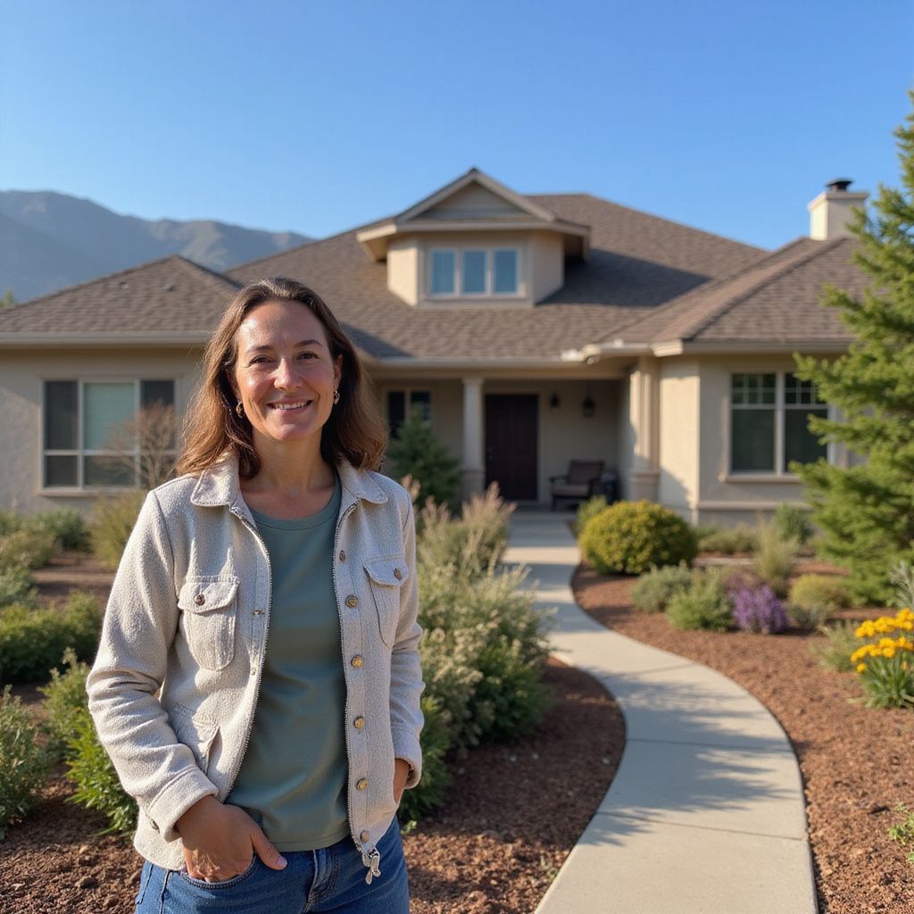 A smiling woman stands in front of a suburban home with a front walkway, mountains, and landscaped gardens.