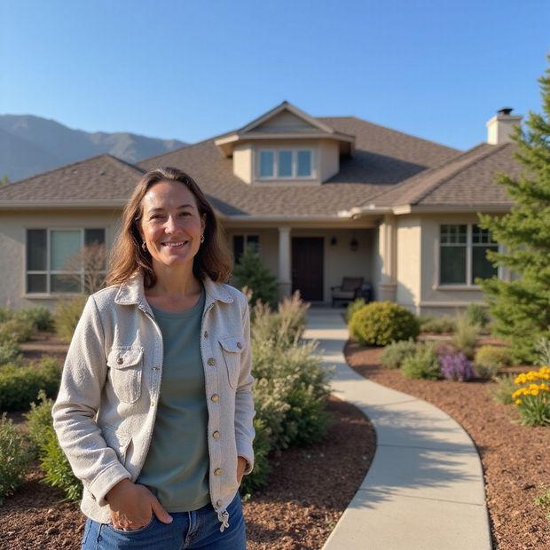 A smiling woman stands in front of a suburban home with a front walkway, mountains, and landscaped gardens.