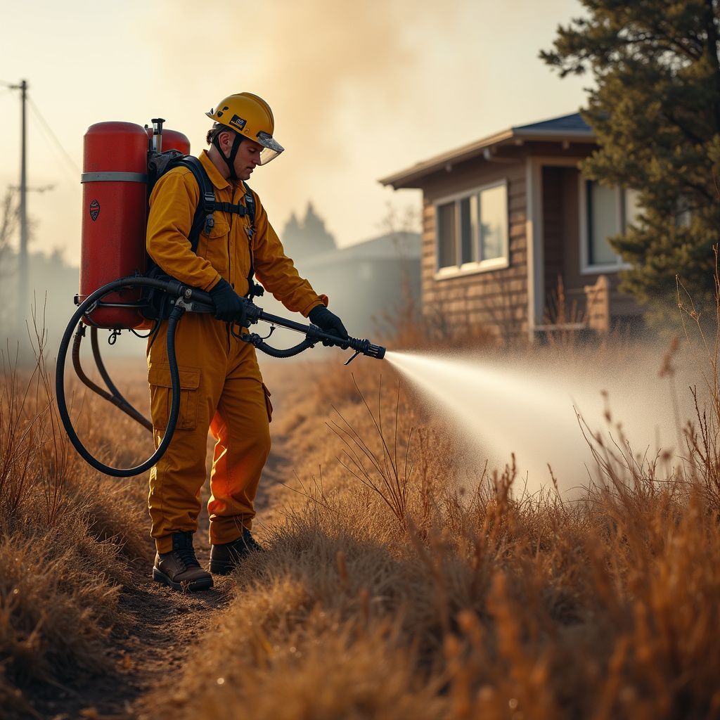 A firefighter in yellow gear sprays water from a backpack tank onto dry brush near a house during a wildfire.
