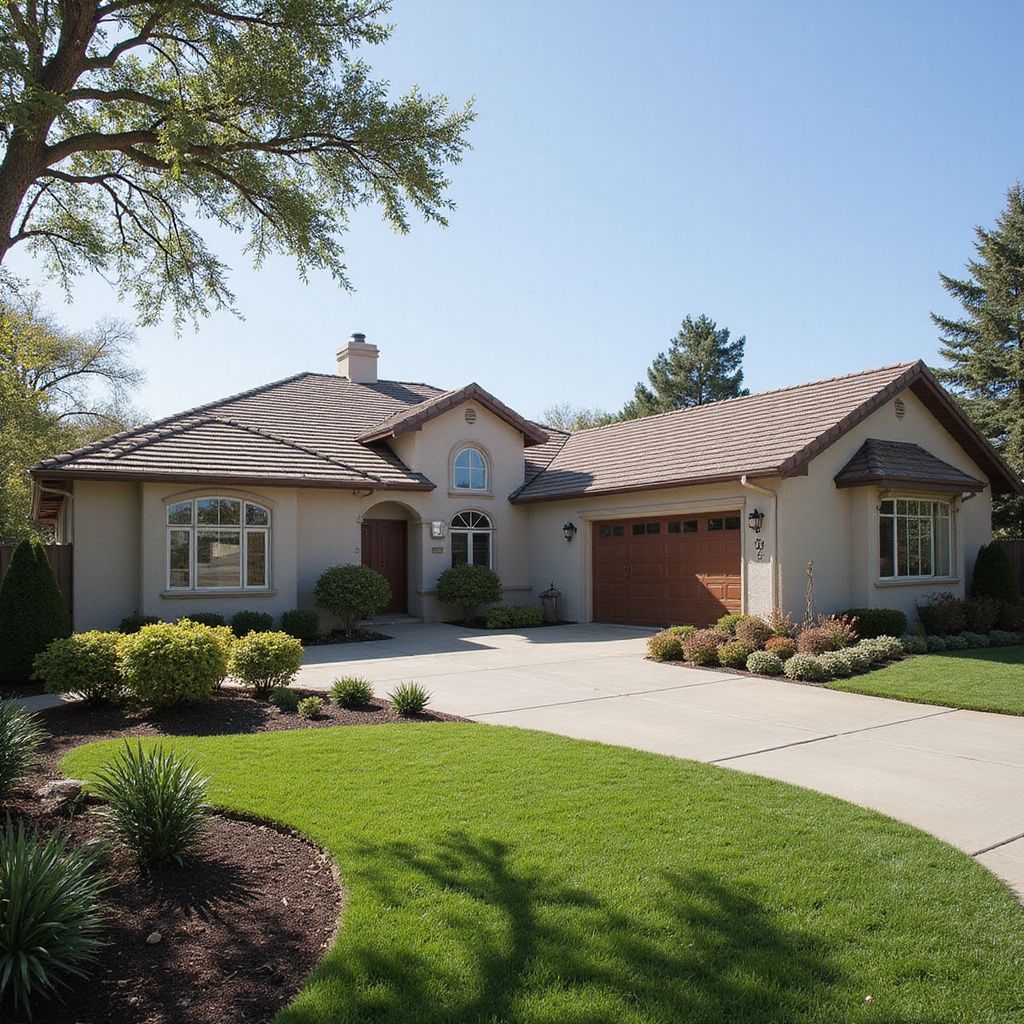 A single-story, beige suburban home with a multi-car garage, tile roof, and a manicured front lawn under a clear blue sky.