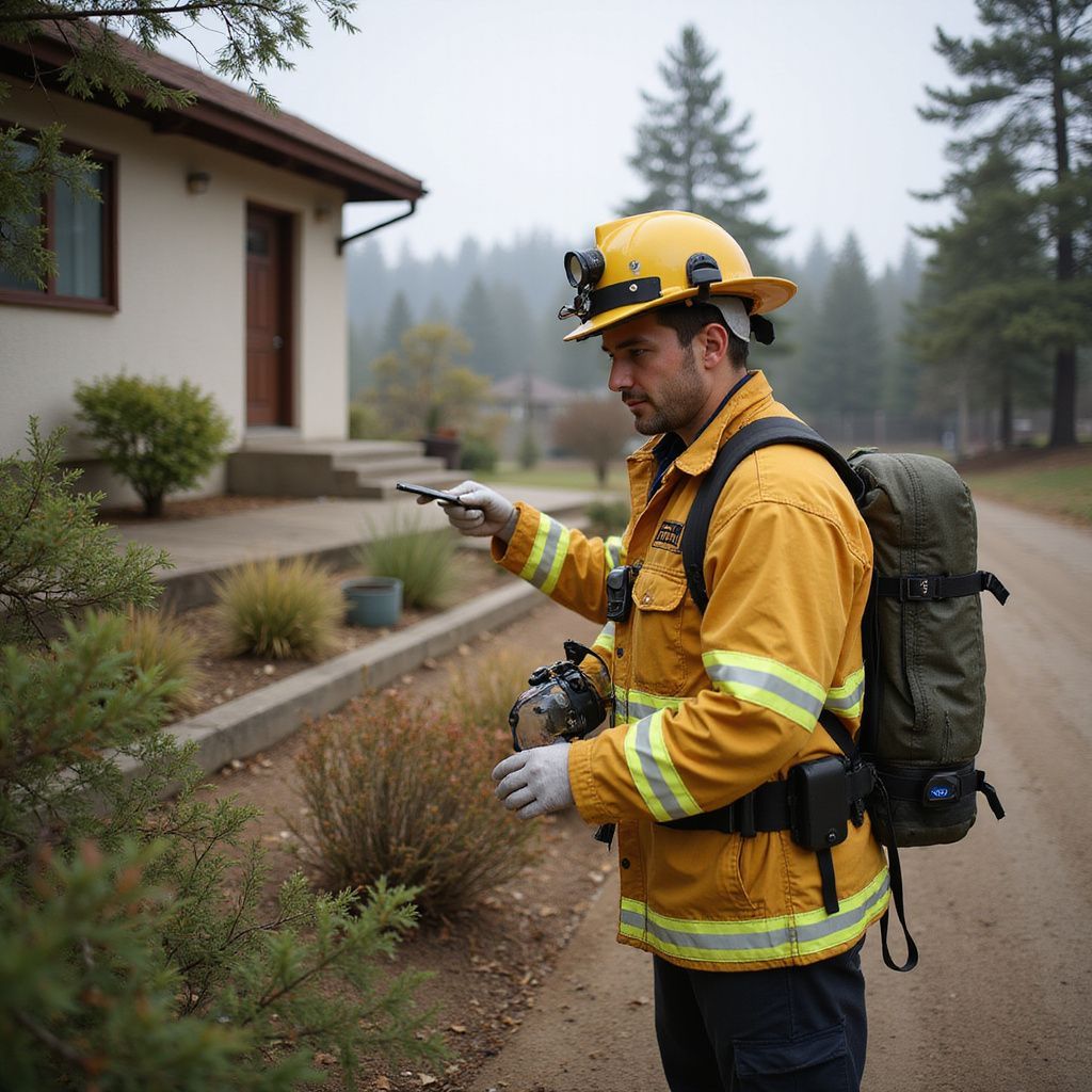 A firefighter in a yellow protective suit and helmet stands outdoors, pointing towards a house near a forest.