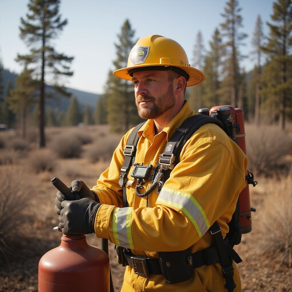 A firefighter in yellow gear and hard hat holds a red tank while standing in a wooded, dry forest environment.