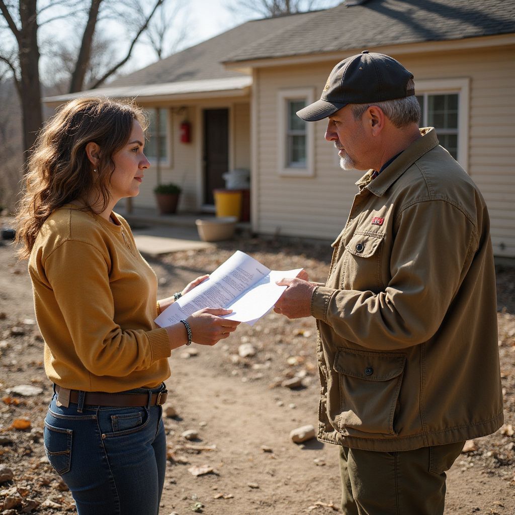 A person in a yellow shirt and a person in a brown jacket stand outdoors, reviewing a document in front of a house.