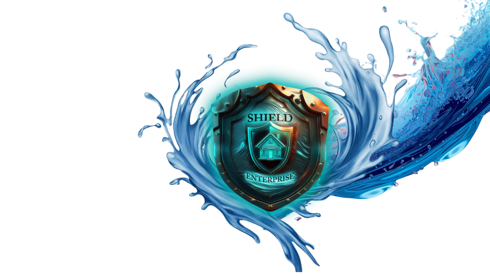 A shield emblem with a house icon, framed by a dynamic blue water splash on a white background.
