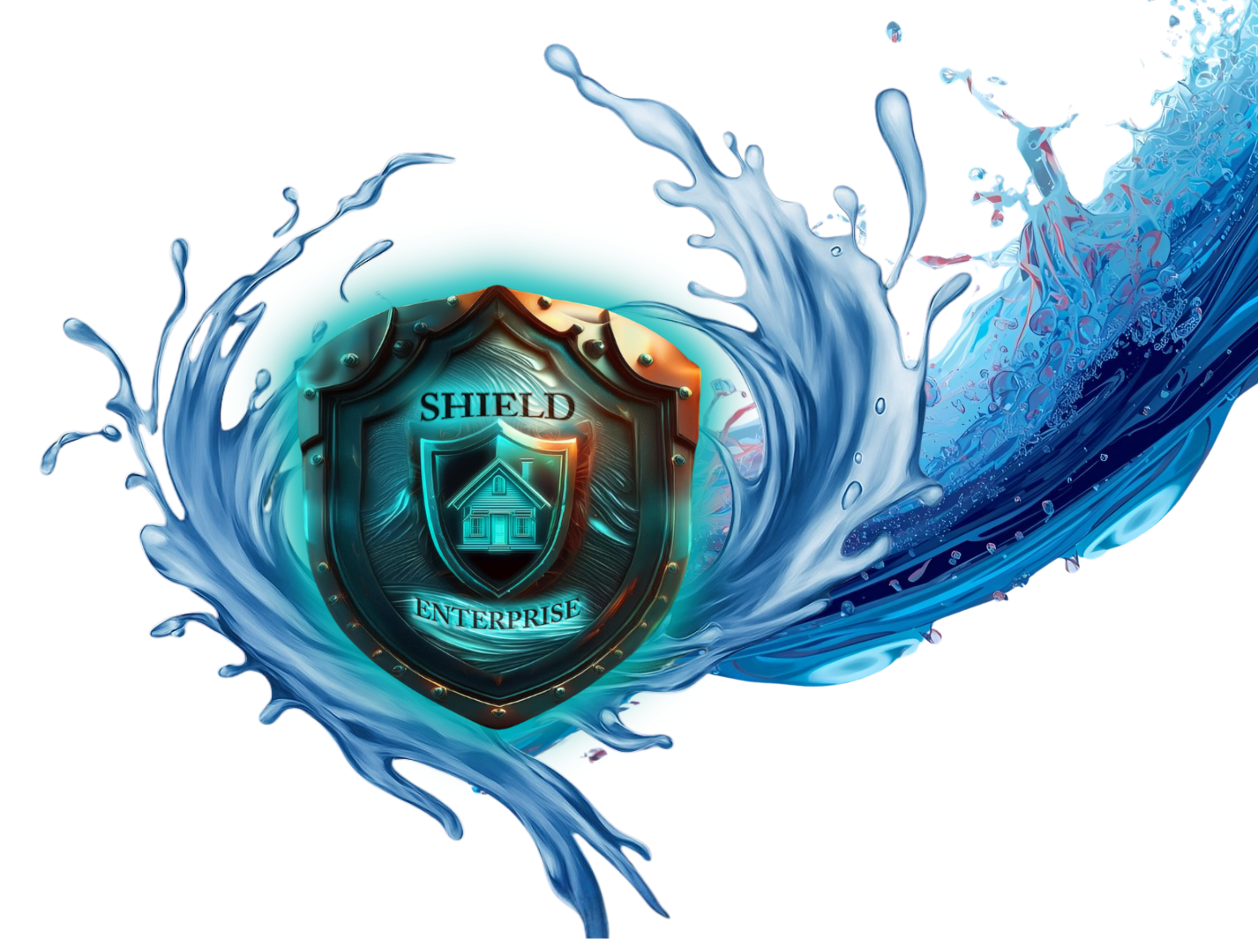 A house icon inside a decorative shield emblem, surrounded by a splash of blue water.