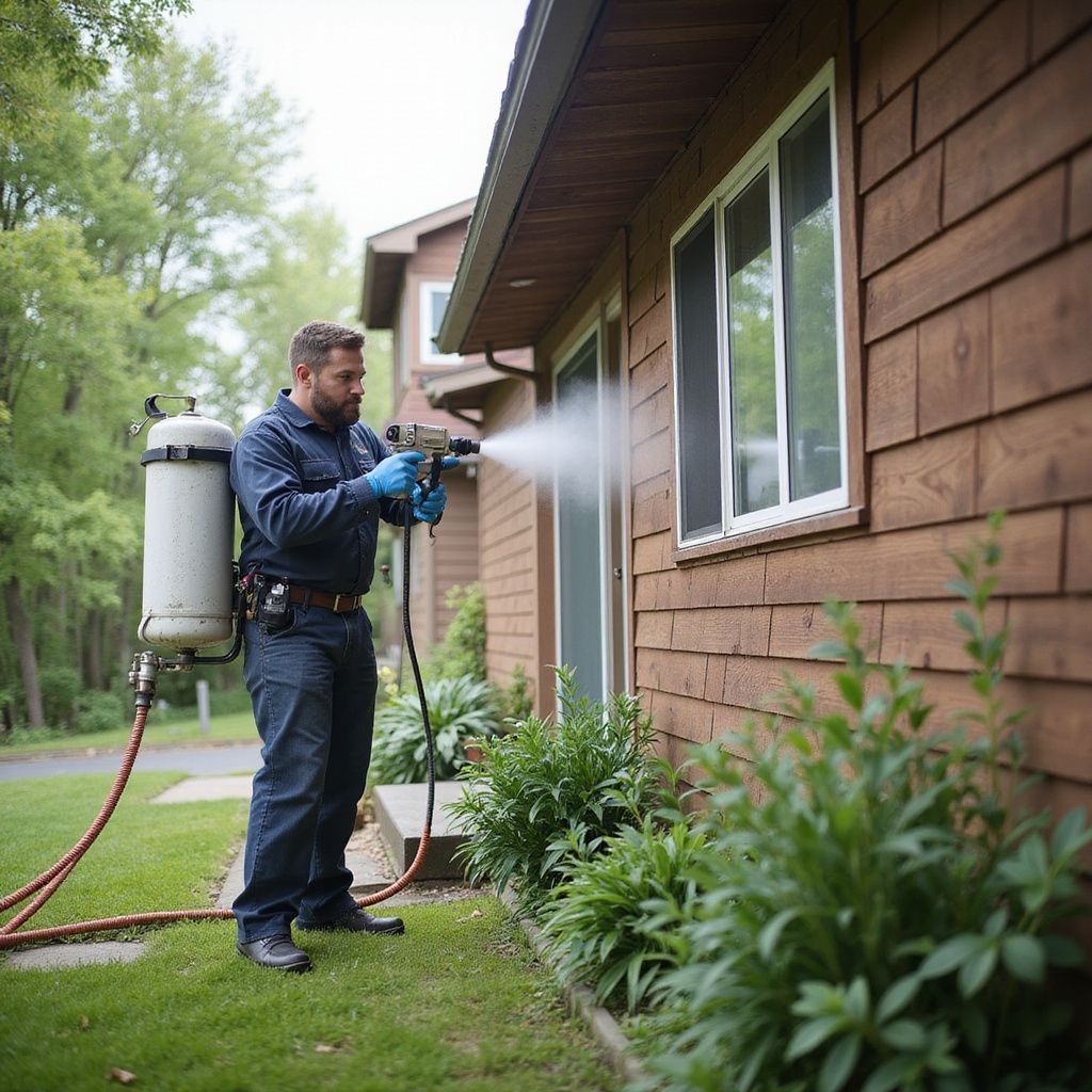 A technician wearing gloves and a backpack sprayer applies treatment to the exterior of a brown wooden house.