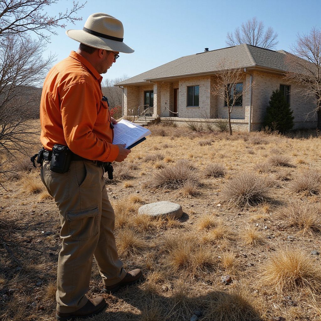 A person in a sun hat and orange shirt stands in a dry field, holding a clipboard and facing a single-story stone house.
