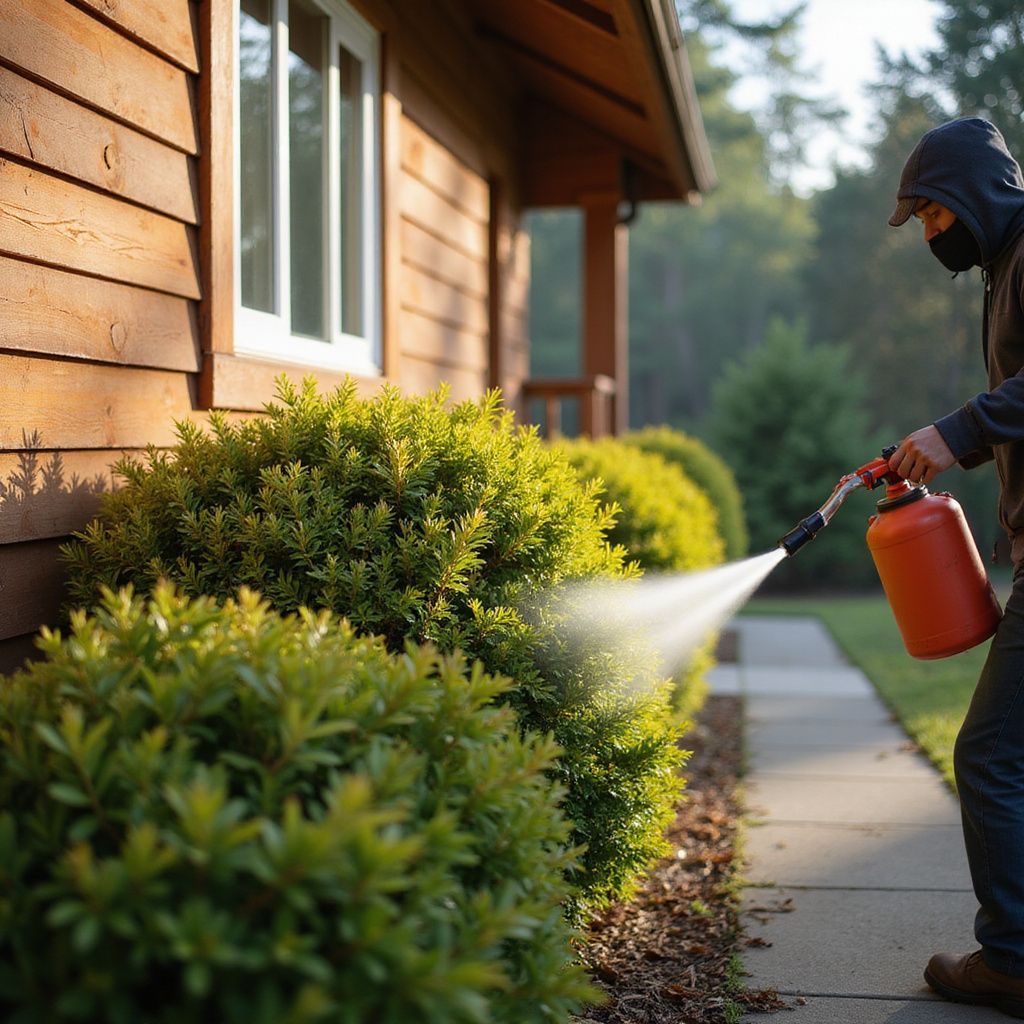 A person in a hooded jacket uses a handheld sprayer to apply treatment to shrubs along the side of a wooden house.