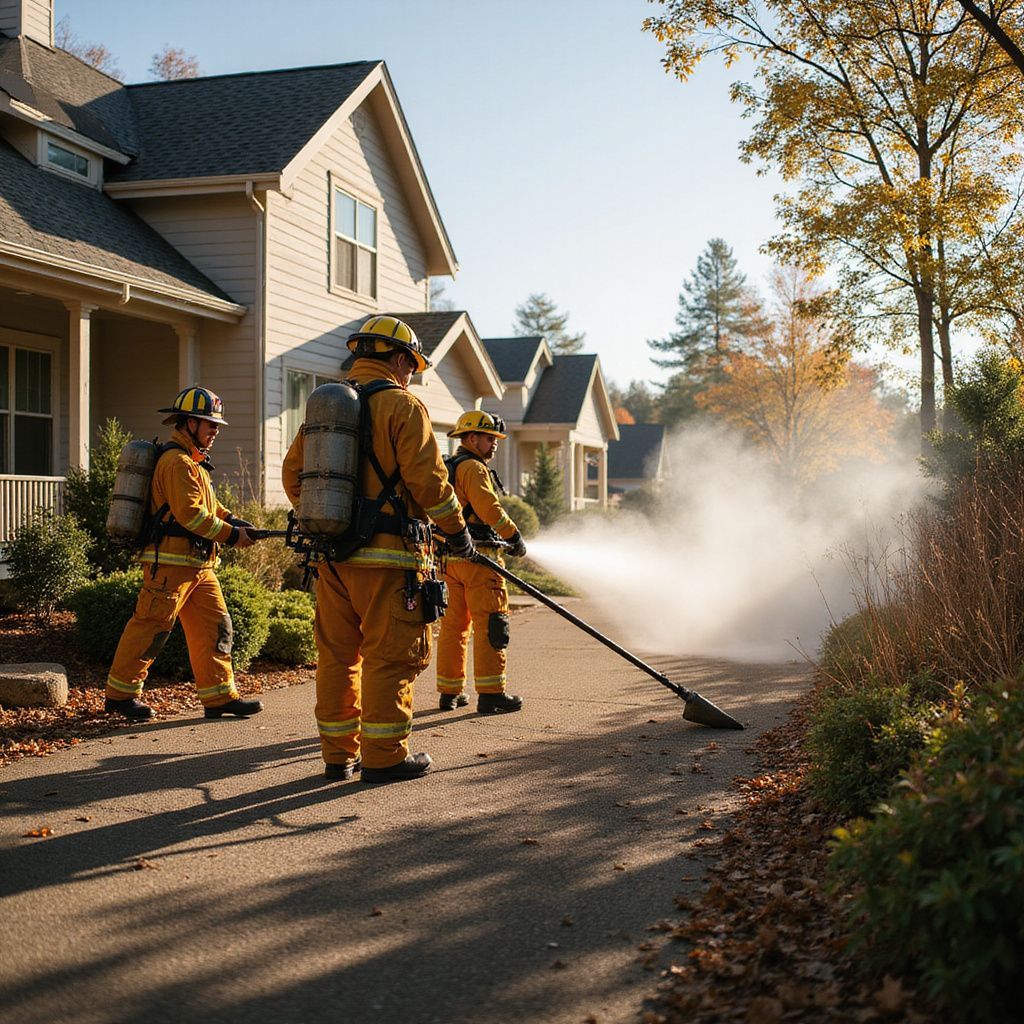 Three firefighters in yellow turnout gear spray water onto brush near residential buildings on a sunny day.