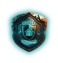 A metallic, teal-glowing crest featuring a house icon with the text 