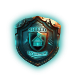 A metallic, teal-glowing crest featuring a house icon with the text 