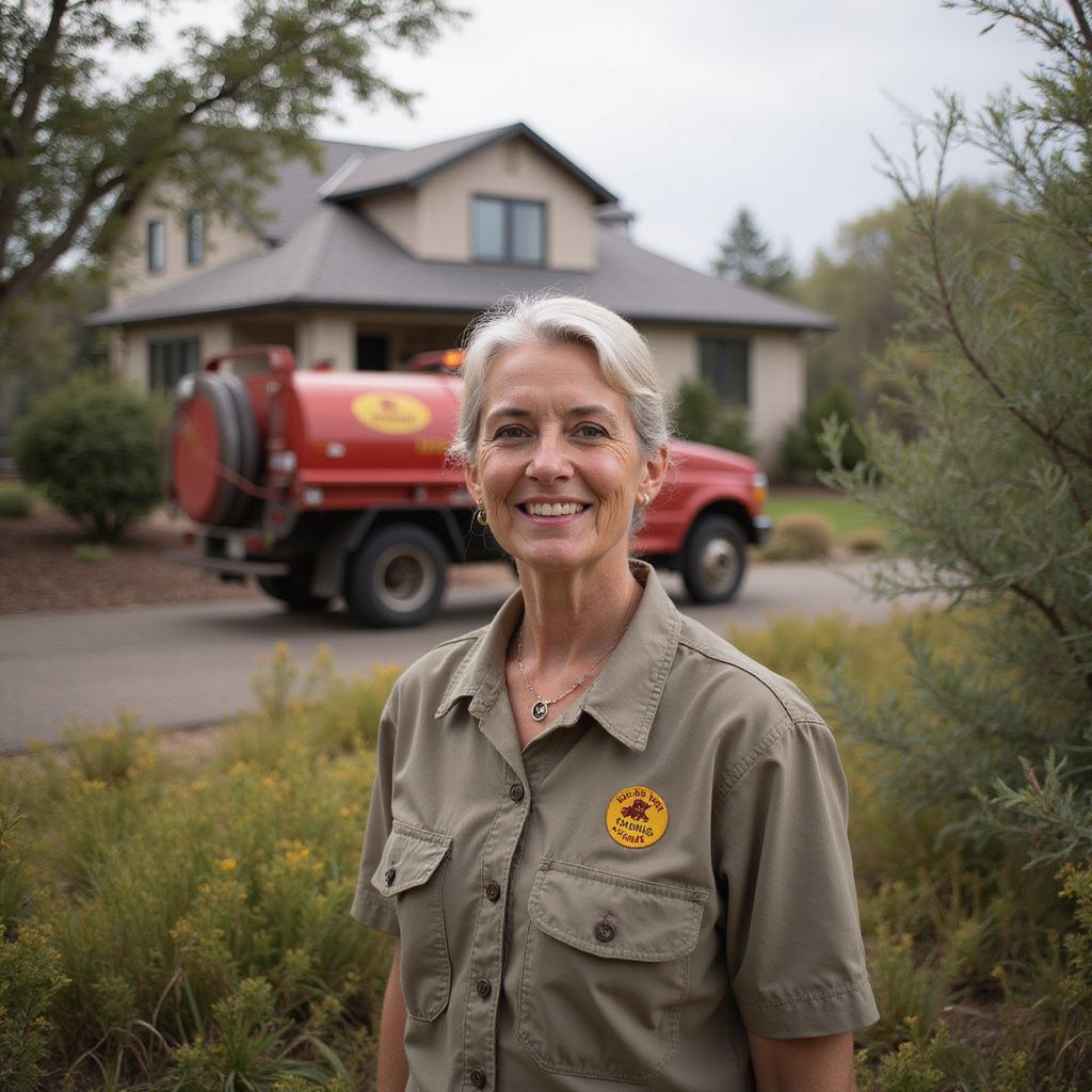 A smiling person in a tan shirt stands outdoors with a red utility truck and house in the background.