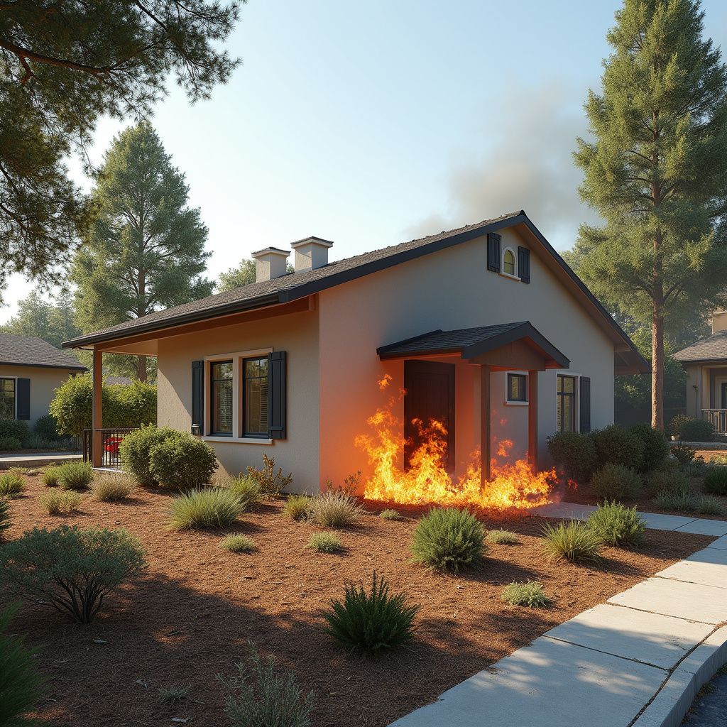 A single-story house with flames erupting at the front entrance, with smoke rising above the roof.