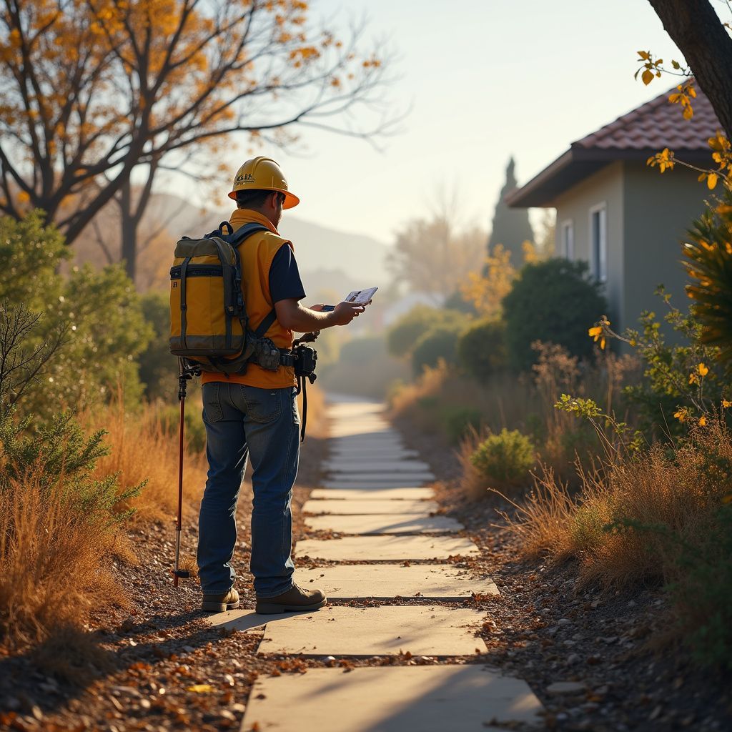 A utility worker in a yellow vest and hard hat stands on a sidewalk, checking a handheld device.