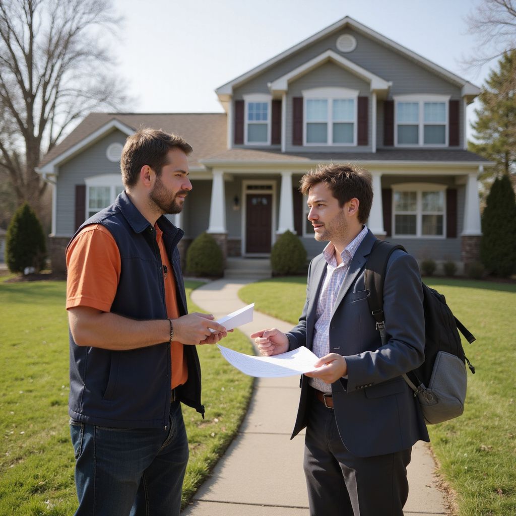 Two people holding papers stand on a lawn, talking in front of a house on a sunny day.