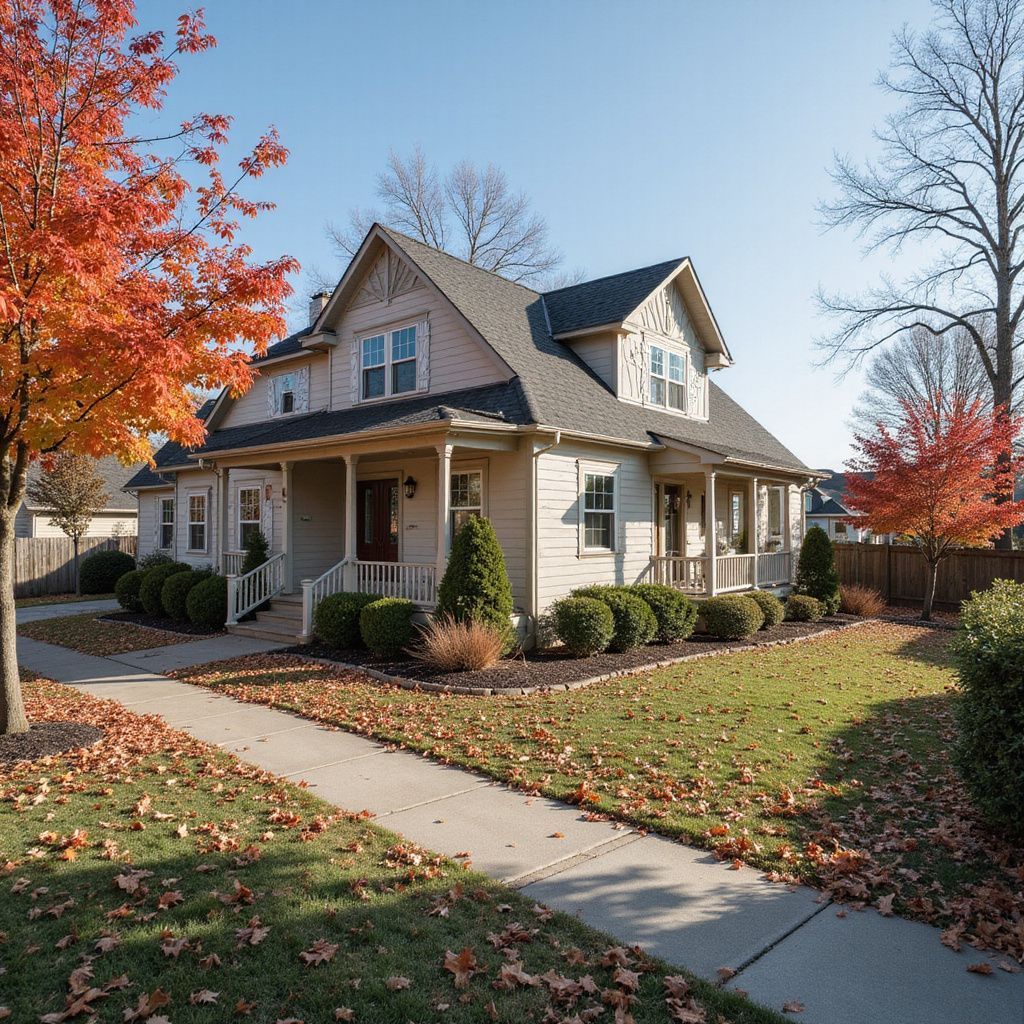 A beige two-story home with a wrap-around porch, surrounded by autumn trees and a sidewalk covered in fallen leaves.