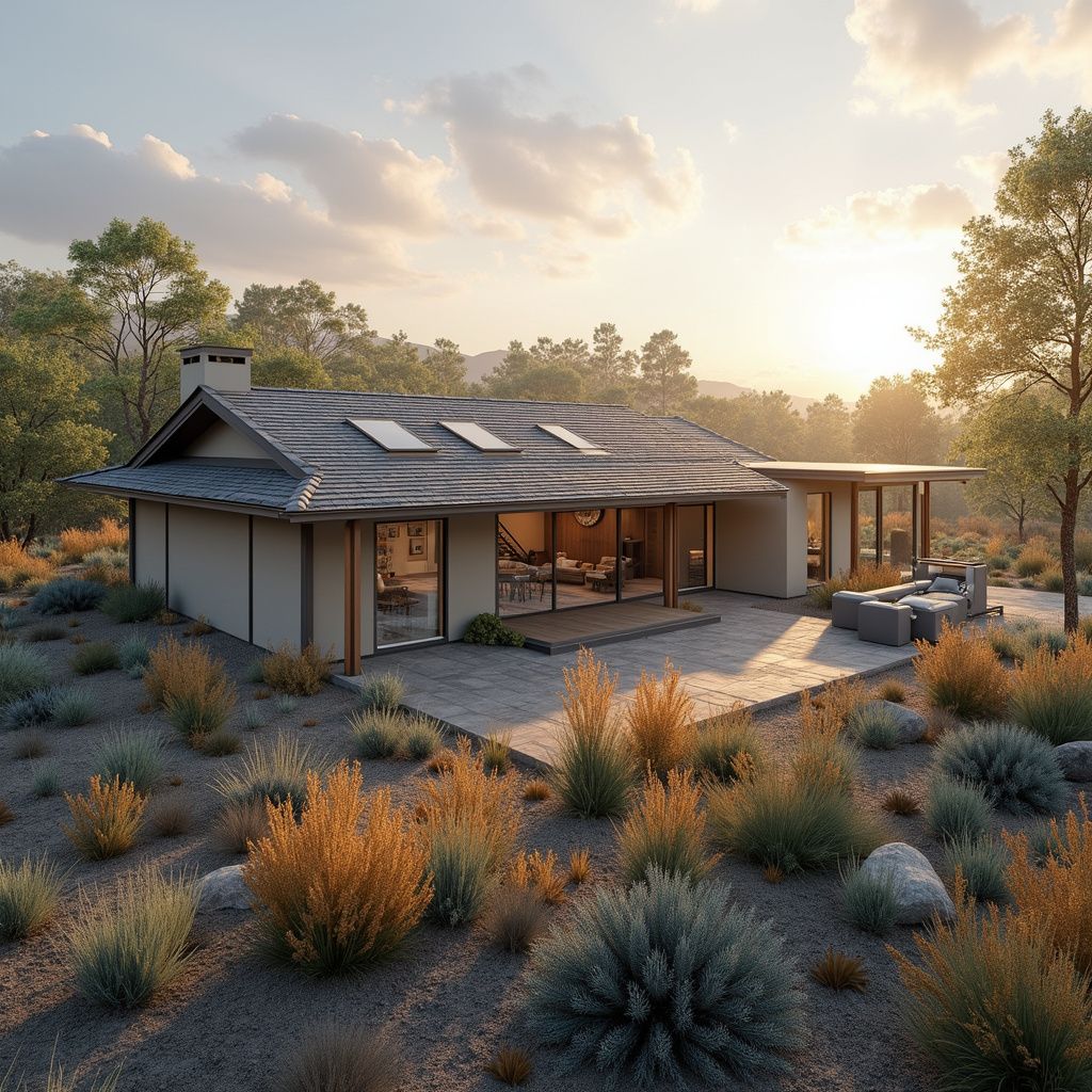 A modern, single-story home with a gabled roof and stone patio, set in a desert landscape during a golden sunset.
