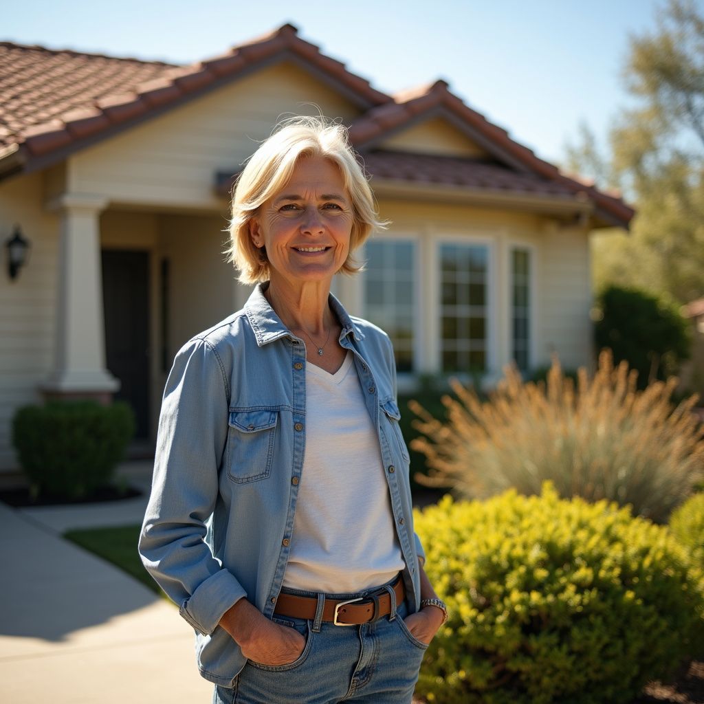 A smiling person stands in front of a suburban house on a sunny day, wearing a light denim shirt and jeans.