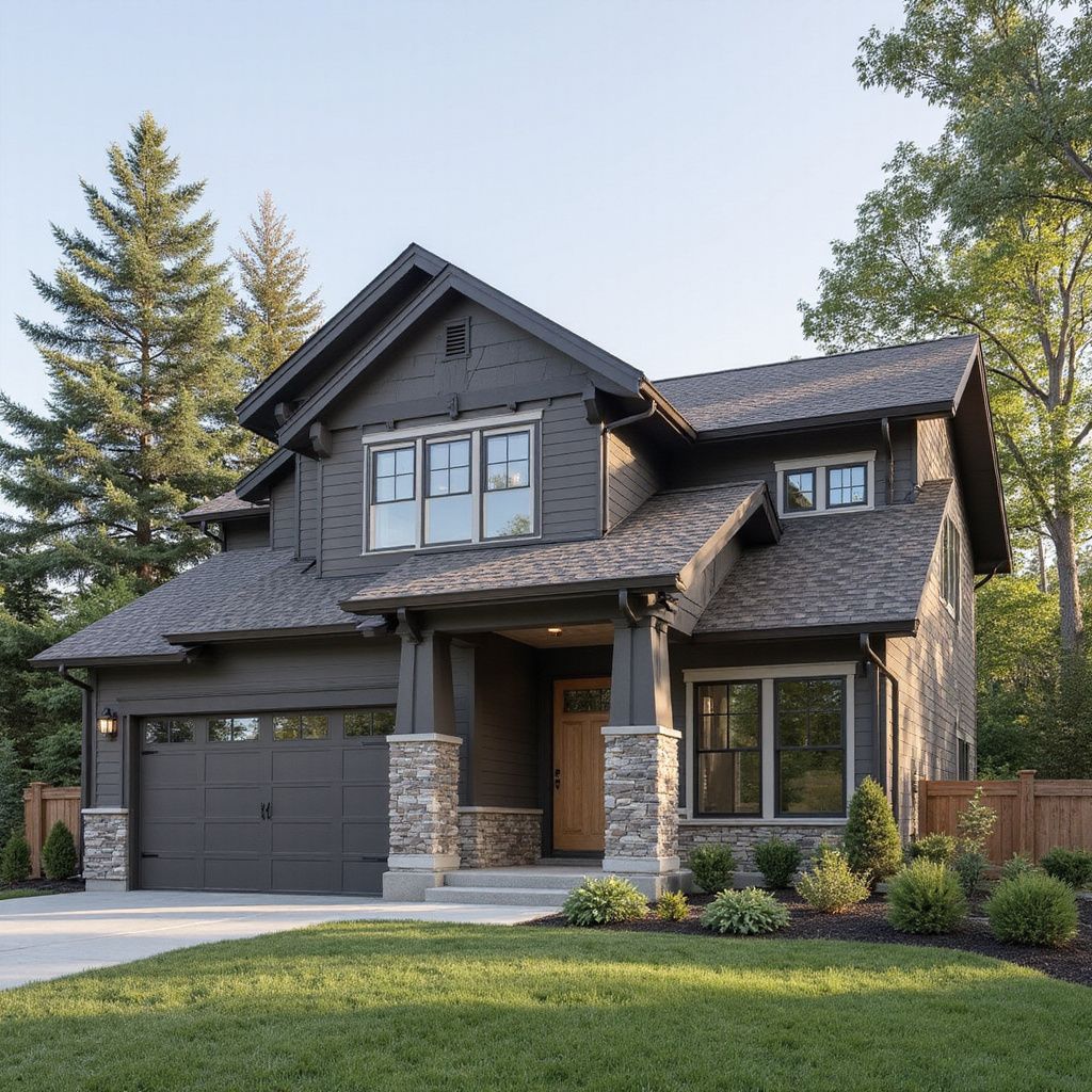 A two-story house with dark gray siding, a stone base, a front porch, and an attached garage set among trees and lawn.