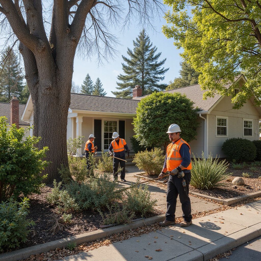 Three workers in high-visibility safety gear walk along a sidewalk in front of a residential house and trees.