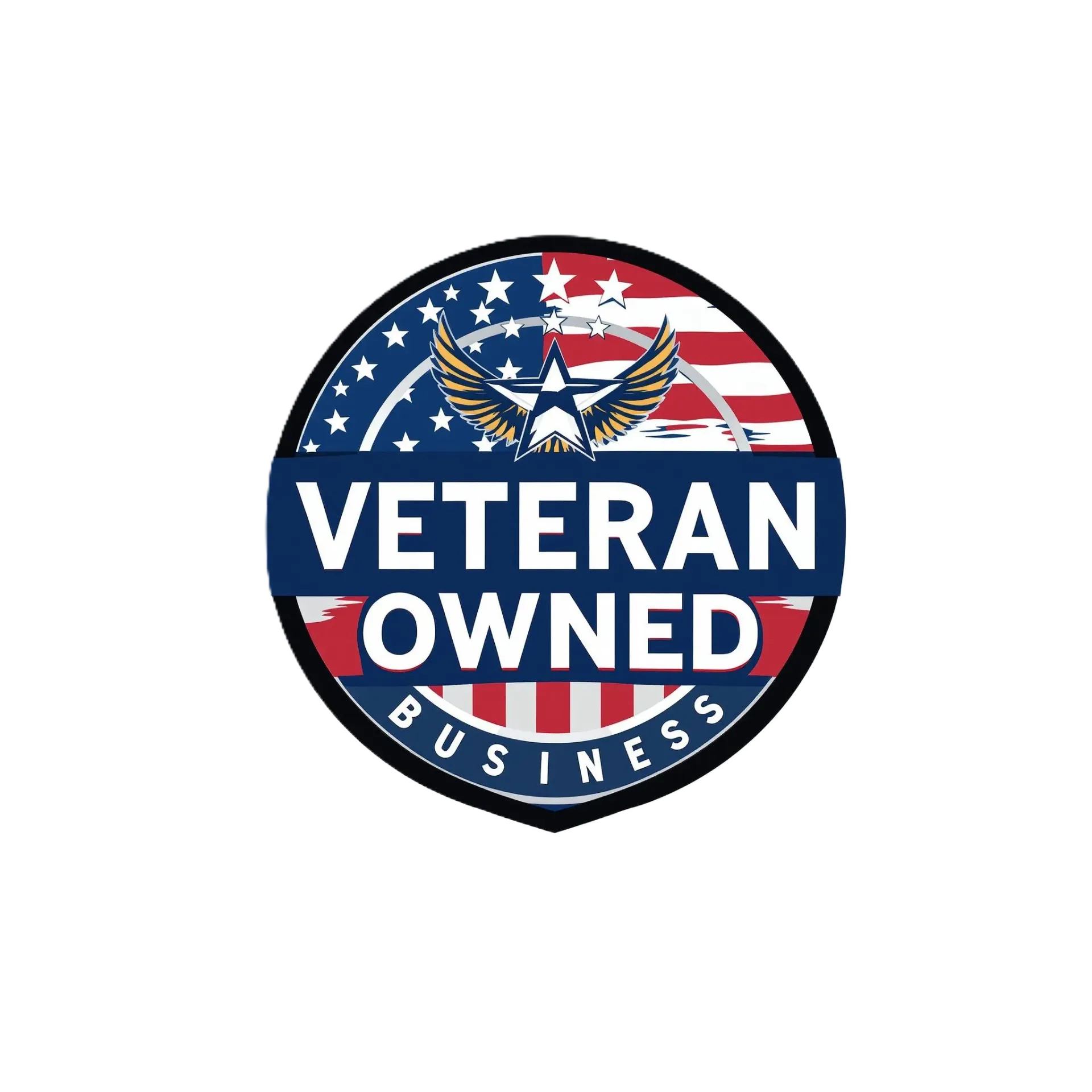 A circular badge featuring an American flag, an eagle emblem, and the text "VETERAN OWNED BUSINESS."