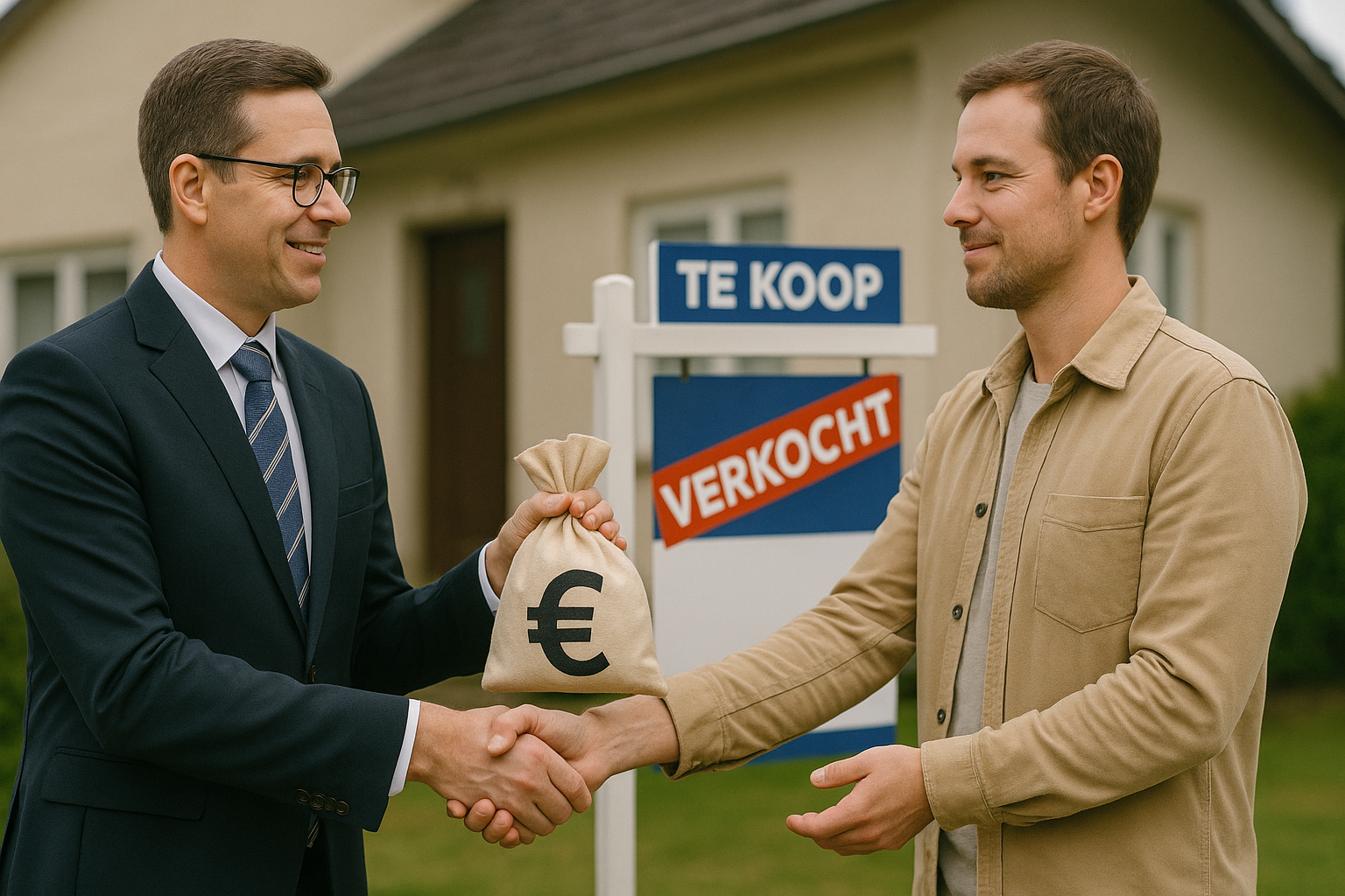 Een man schudt de hand van een makelaar voor een huis. Een man schudt de hand van een makelaar voor een huis.