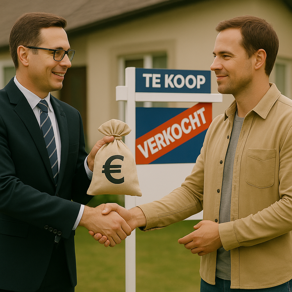 Een man schudt de hand van een makelaar voor een huis.