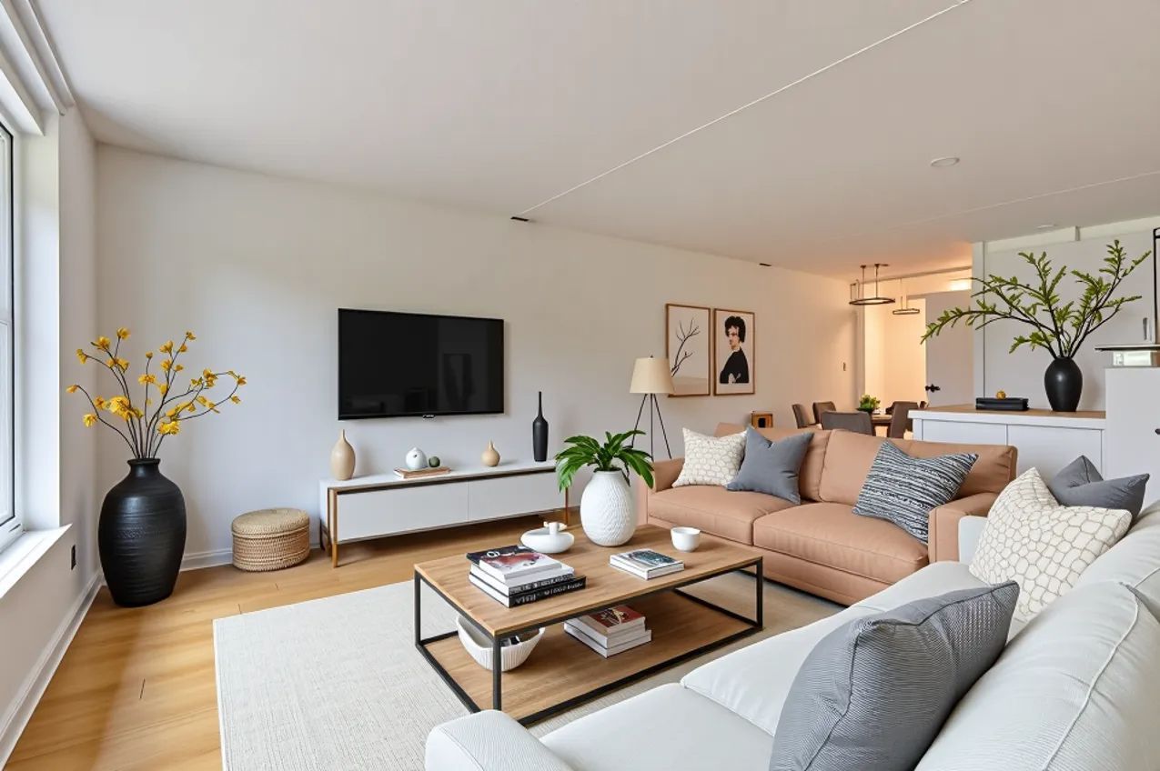 Een stijlvol gestylede woonkamer van een woning, met neutrale tinten en een opgeruimde inrichting. Professionele woningstyling zorgt voor een aantrekkelijke eerste indruk bij kopers. Een stijlvol gestylede woonkamer van een woning, met neutrale tinten en een opgeruimde inrichting. Professionele woningstyling zorgt voor een aantrekkelijke eerste indruk bij kopers.