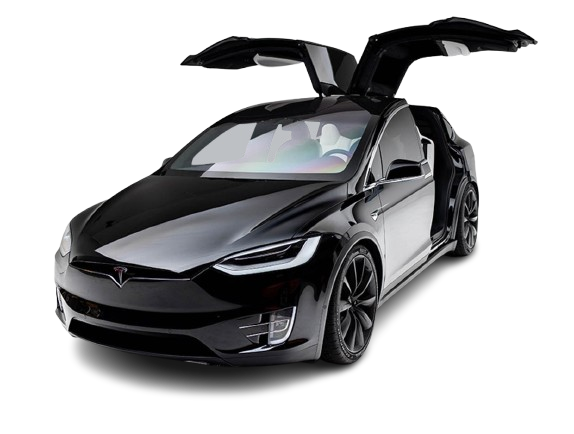 A black tesla model x with its doors open on a white background.