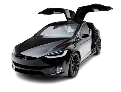 A black tesla model x with its doors open on a white background.