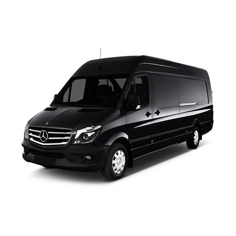 A black mercedes sprinter van is shown on a white background.