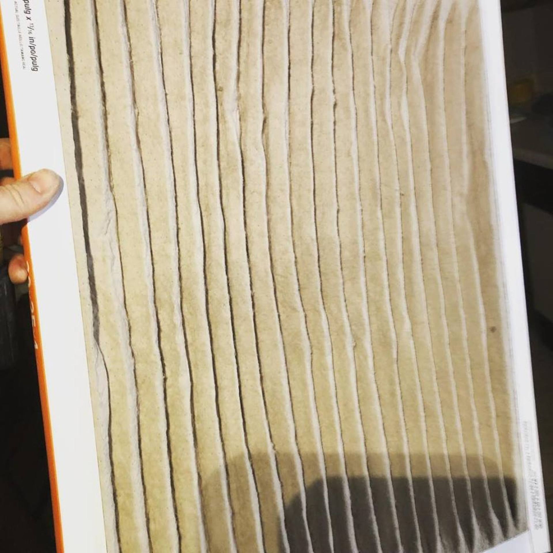 A person is holding a dirty air filter in their hand.