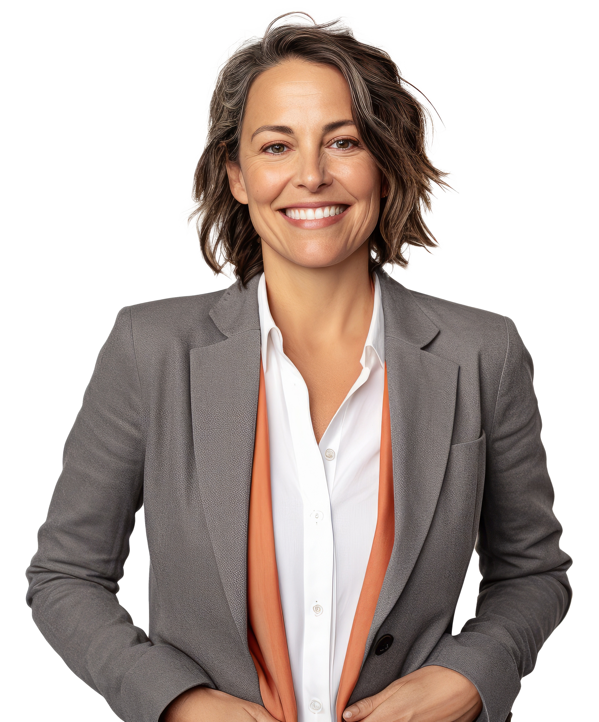 A woman in a grey jacket and white shirt is smiling