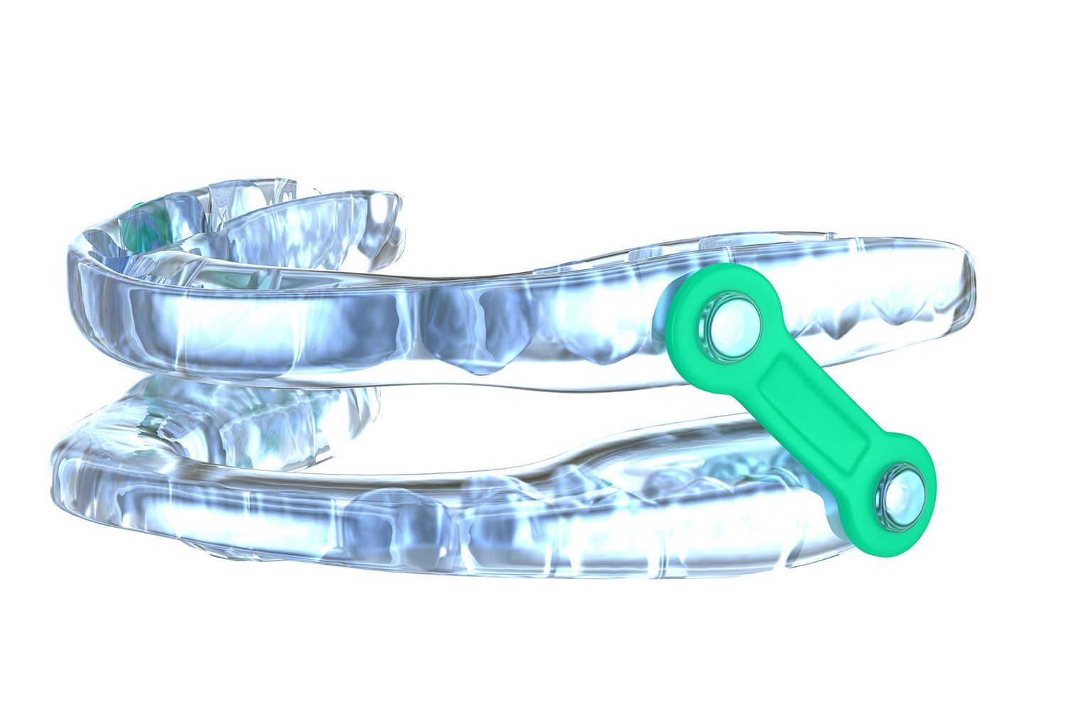 A clear mouth guard with a green connector attached to it.