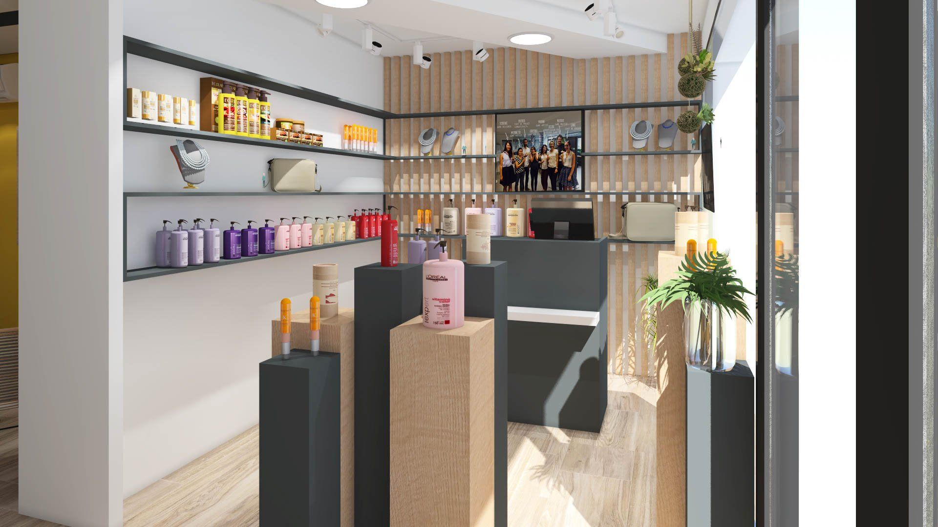 Image 3D d'architecture commerciale pour un salon de coiffure