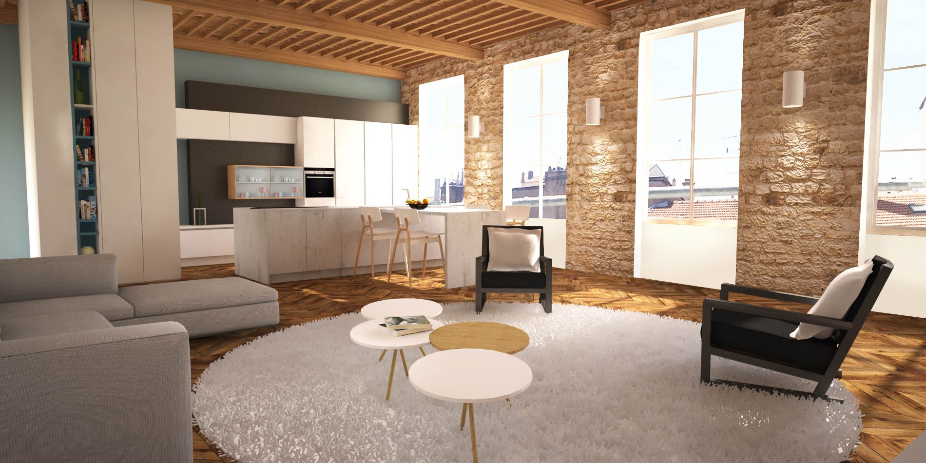 Image 3D du salon et de la cuisine