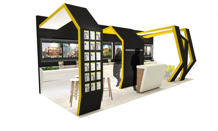 Vue 3D d'un stand conçu pour le salon de l'immobilier à la Cité internationale à Lyon