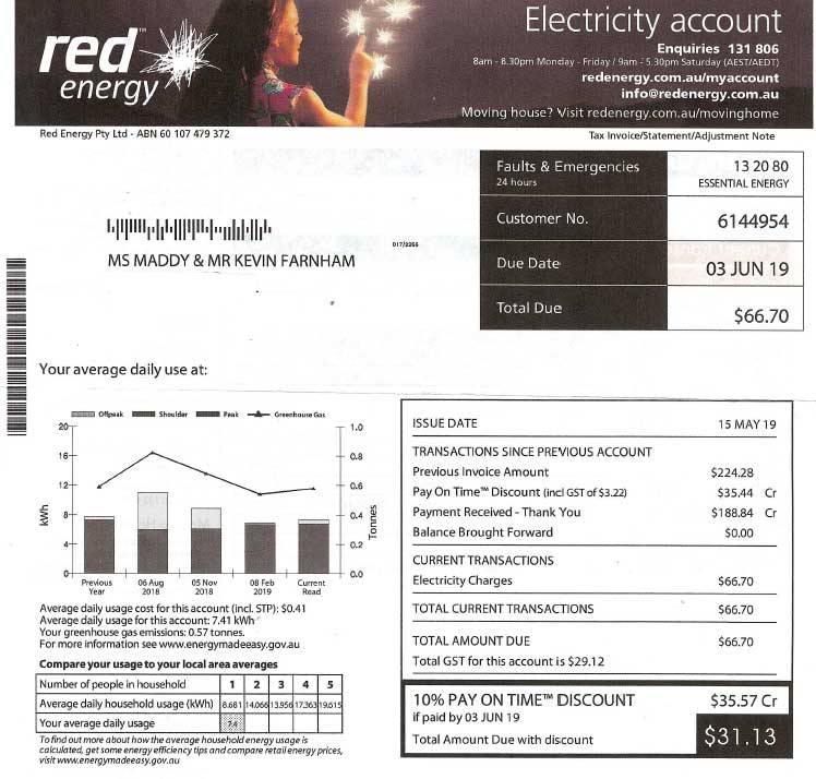 First page of electric bill | Wingham, NSW | KMF Electrical & Solar