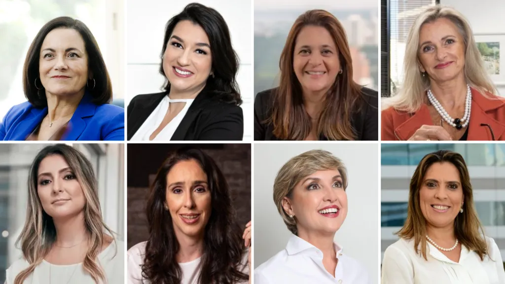 Uma colagem de oito rostos de mulheres sorrindo para a câmera.