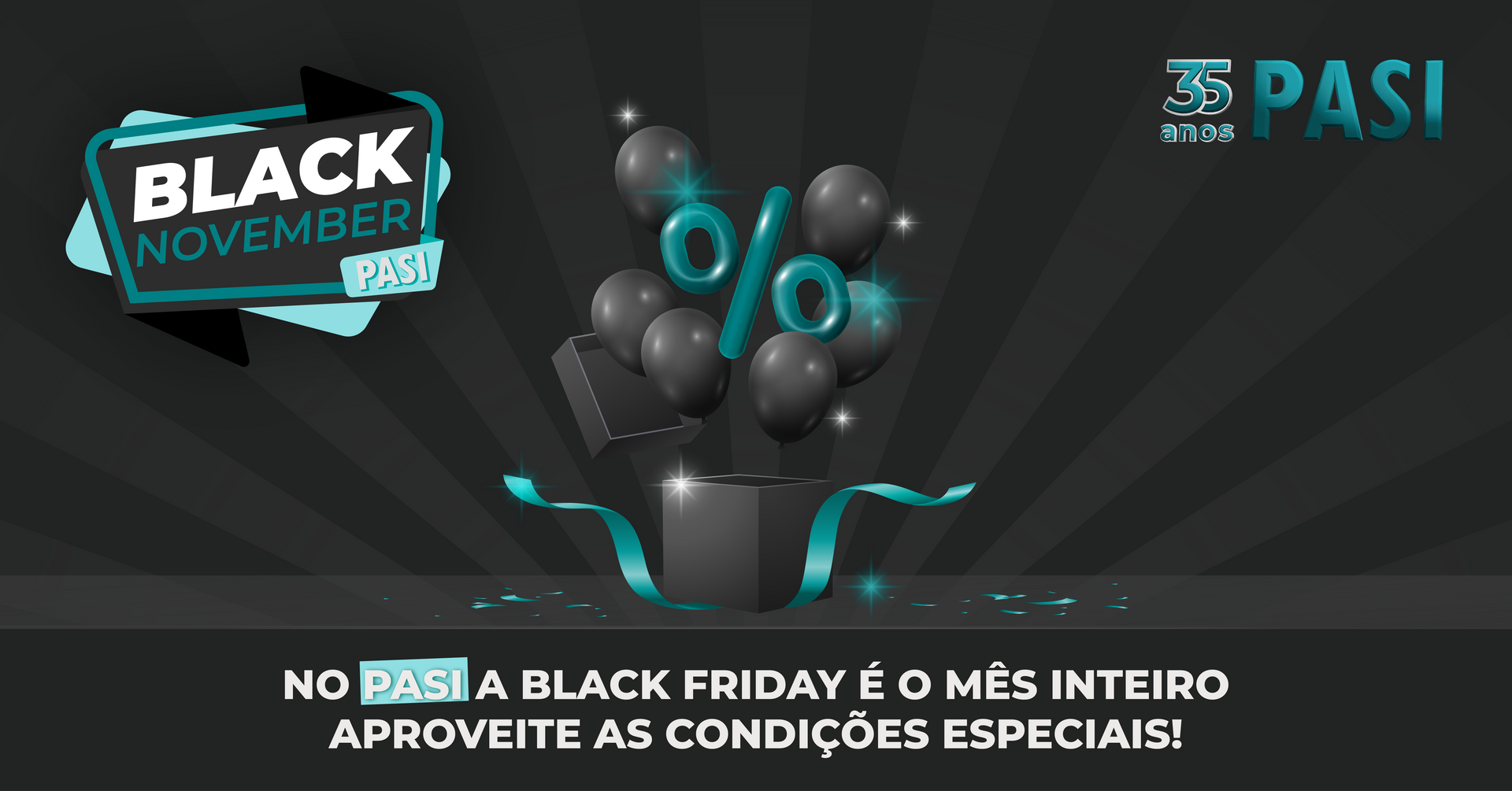 Um anúncio da Black Friday com uma caixa cheia de balões pretos e uma fita azul.